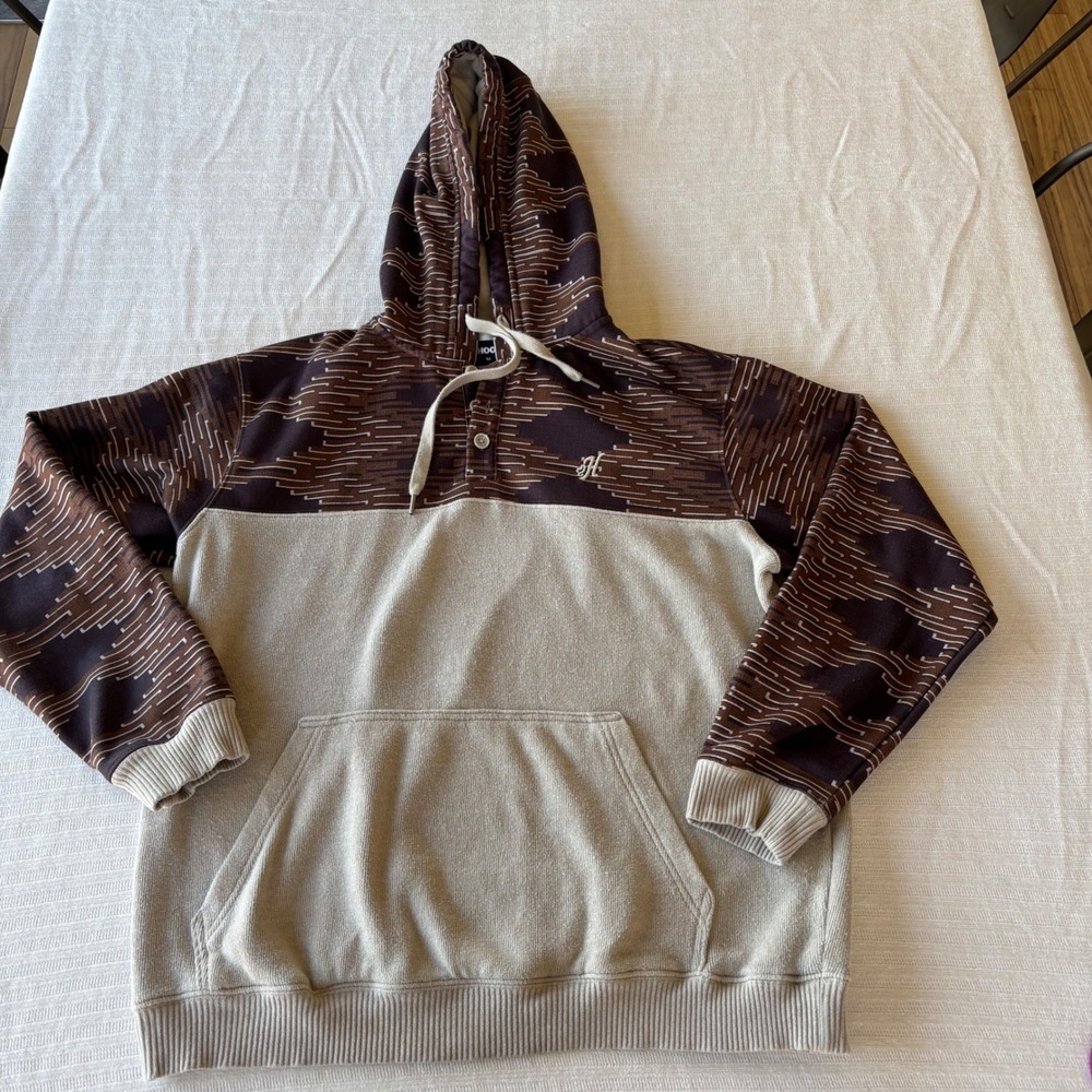 Hooey Mens Aztec Print Henley Hoodie Brown Oatmeal Geometric Sweatshirt Medium